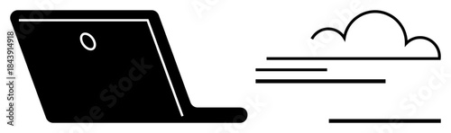 Open laptop with a cloud and dynamic lines conveying speed and data flow. Ideal for technology, cloud computing, digital transformation, innovation, remote work, efficiency, modern solutions. Simple