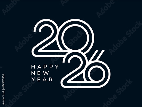Stylized white “2026” in concentric lines with “HAPPY NEW YEAR” on black background.