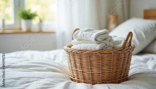 Fresh towels in a wicker basket on a bed in a bright bedroom  