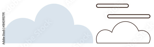 Blue solid cloud and outlined cloud with three horizontal lines above. Ideal for weather forecast, climate, data, internet, sky, abstraction, simplicity concepts. Clean flat metaphor