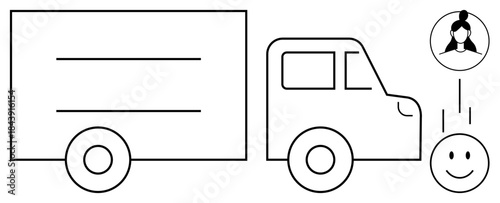 Delivery services. Visual of a truck, user profile, and happy face delivery services. Delivery systems improve logistics, communication, and customer satisfaction. Perfect for transportation