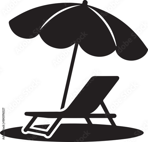 Beach chair with umbrella and ball under the sun.