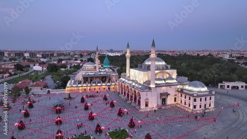 Aerial view of the Mevlana Museum and Sultan Selim Mosque in Konya city center. 
