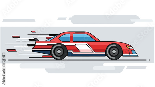 Illustration of a red race car speeding to the right with motion lines on a gray background.
