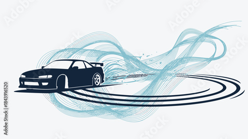 Silhouette of a car speeding around a curved road track with blue motion lines on a white background.