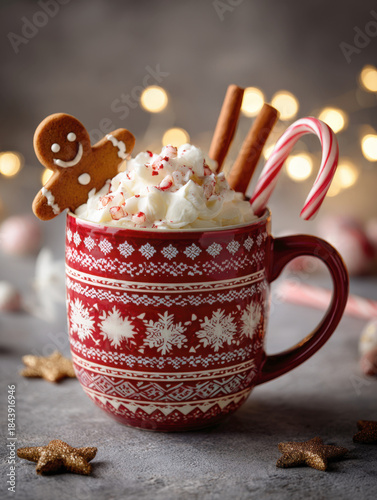 Festive Christmas Mug of Hot Chocolate or Coffee Topped with Whipped Cream, Gingerbread Man, Candy Cane, and Cinnamon Sticks on Bokeh Background