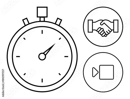 Time management concept. Stopwatch precision and workflow efficiency. Handshake and video icons teamwork and digital collaboration. Versatile for productivity, business planning, teamwork, virtual