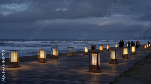 A row of lanterns swaying on a coastal boardwalk as ocean winds roll in, warm glows dancing against the darkening sky for a cinematic evening mood. cinematic color correction, natural uneven
