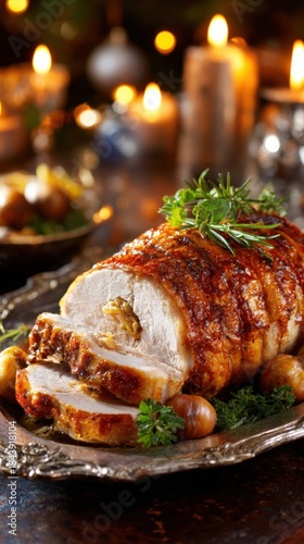 Festive Holiday Delight: Succulent Stuffed Roasted Turkey Roll with Rosemary, Chestnuts, and Golden Candles Perfect Christmas Dinner Centerpiece