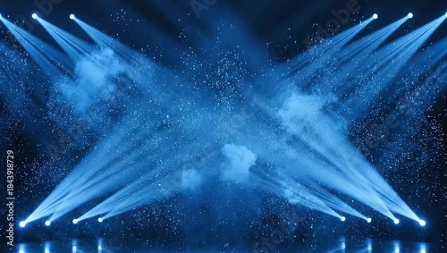 Blue spotlight loop live staging, illuminating Light bulbs for the stage. Light bulb background. Flashes, paparazzi. Stage with spot lighting, shining empty holiday show, award Ceremony advertising 