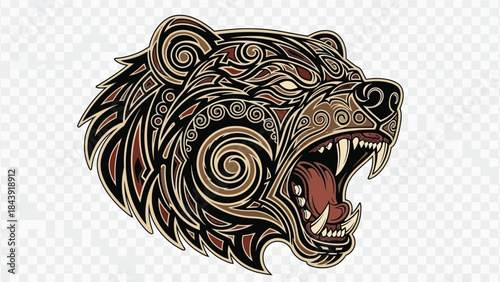 Illustration of a roaring bear head with tribal-style tattoos and swirling patterns on a transparent background.