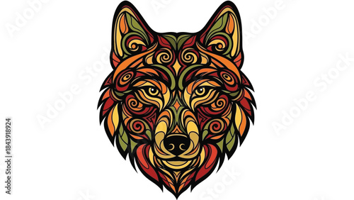 Colorful illustration of a wolf's head with intricate tribal patterns on a white background.