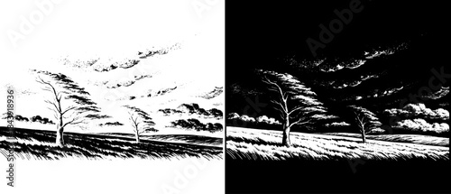 Vintage Windy Sea Landscape Engraving, Inverted Black White Xerography Vector on Transparent Background for Laser Engraving on Dark Surface