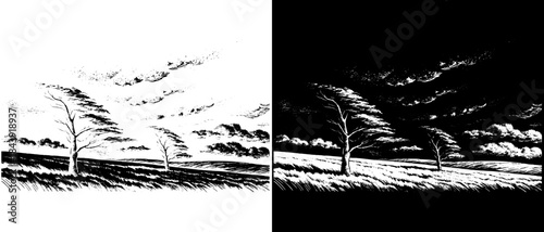 Vintage Windy Sea Landscape Engraving, Inverted Black White Xerography Vector on Transparent Background for Laser Engraving on Dark Surface