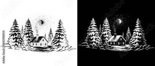 Vintage Winter Cabin Forest Engraving, Inverted Black White Xerography Vector on Transparent Background for Laser Engraving on Dark Surface