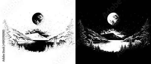 Vintage Moonlit Mountain Lake Engraving, Inverted Black White Xerography Vector on Transparent Background for Laser Engraving on Dark Surface