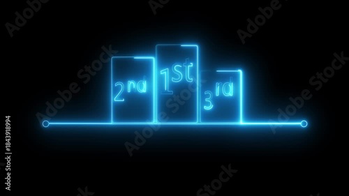 Neon winner podium with 1st, 2nd, and 3rd place icon animation. Glowing neon line winner podium with 1st, 2nd, and 3rd place icon animation  on a black background 4k .