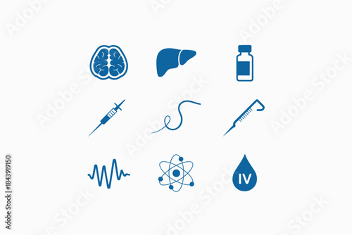 Collection of medical and science icons including brain liver vial syringe DNA and atom symbols flat vector illustration for healthcare and research concepts