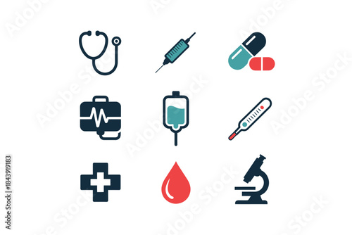 Collection of medical icons including stethoscope syringe pills and microscope for healthcare and science concepts flat vector design on white background