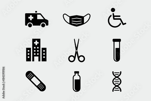 Collection of medical and healthcare icons including ambulance mask and DNA perfect for web and app design isolated on a light background