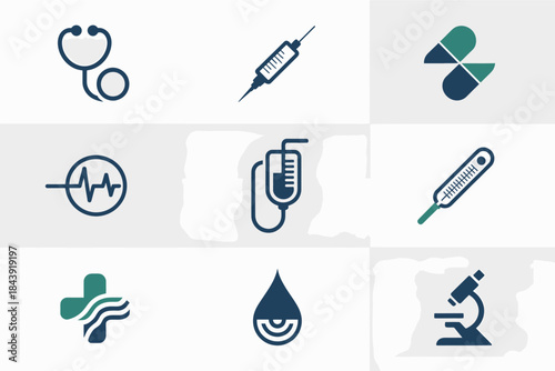 Collection of medical and healthcare icons including stethoscope syringe pills and microscope for clinic or hospital branding and web design
