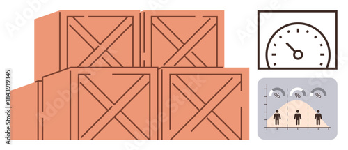 Stacked wooden crates signify stock management with a speed gauge for efficiency and a chart for data analysis. Ideal for logistics, productivity, performance tracking, inventory, distribution