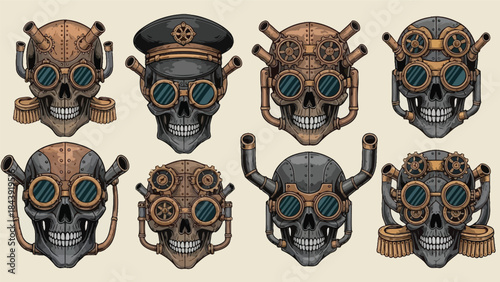 Collection of eight steampunk-style skulls with goggles and mechanical elements on a beige background.