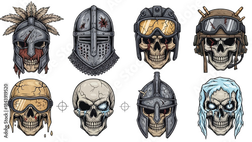 Collection of seven illustrated skulls with varied designs and accessories on a white background in a graphic illustration.