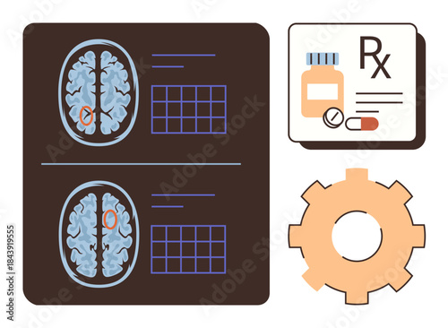Brain scan imaging with charts highlights neuroanalysis, paired with prescription items and a gear symbolizing medical solutions and cognitive advancements. Ideal for healthcare, neurology, mental