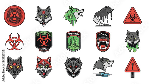 Collection of various biohazard and warning icons with wolf heads on a white background in a flat lay composition with a dark and ominous mood.