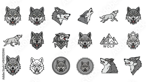 Collection of various wolf illustrations in different styles and poses on a white background with a mix of grayscale tones.