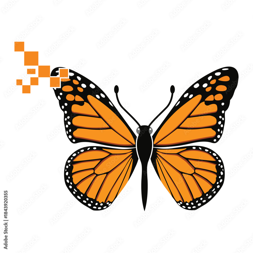 Fototapeta premium Orange Butterfly with Pixel Effect Wings Isolated on White Background