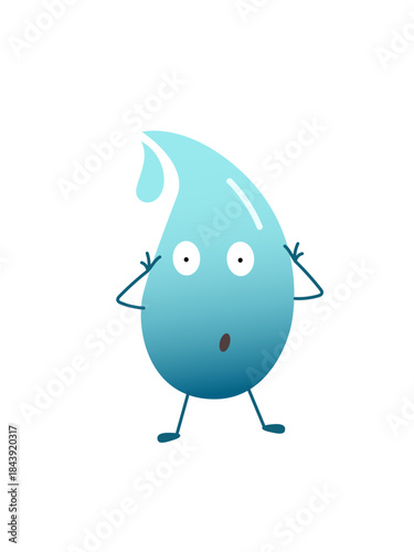 An illustration of a blue water drop character with wide eyes and hands near its head, expressing surprise or shock. Represents astonishment, unexpected events, or discovery concepts.