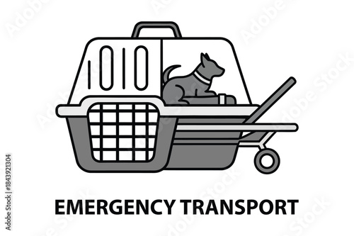 Emergency transport icon depicting a dog in a pet carrier on a hand truck