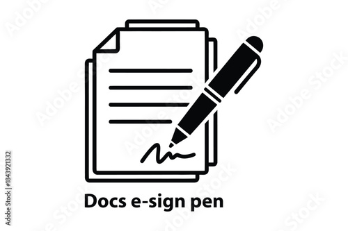 A black and white icon representing documents with a pen creating an electronic signature
