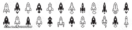 Rocket icons set. Space launch rocket symbols in line and solid styles. Startup growth, innovation and space exploration rocket collection for technology, business and science design – stock vector
