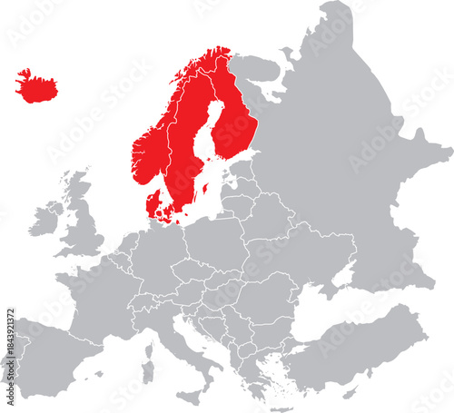 Map of Northern Europe Countries on European Continent Editable Vector
