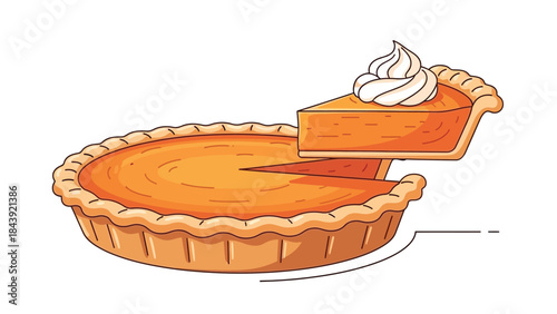 Illustration of a whole pumpkin pie with a slice cut out topped with whipped cream on a plain white background.