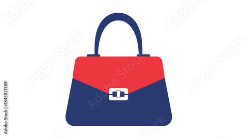 A stylish handbag illustration featuring a two tone color scheme of red and navy blue