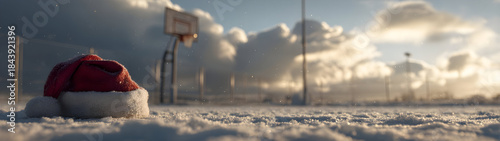 Santa hat on winter snowy basketball court, hoop and ball in background. Concept of Christmas celebration blending with resting summer sport field.