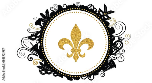 Elegant golden fleur de lis within a decorative oval frame of black and gold