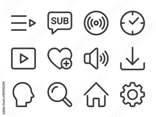 Collection of twelve minimalist line icons representing various functions and actions.