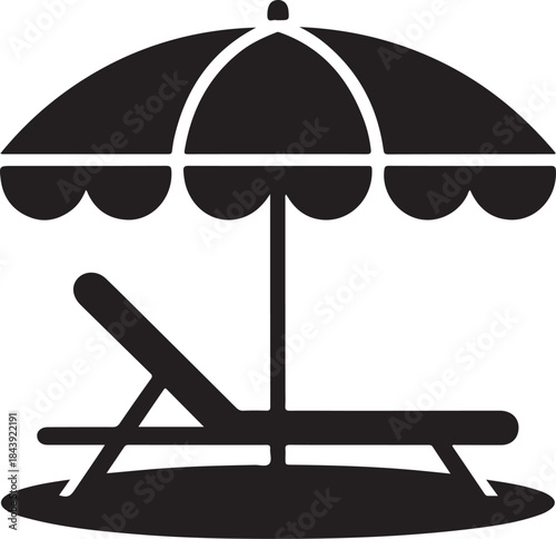 Beach lounge chair under umbrella silhouette vector illustration for summer vacation, relaxation, tourism, leisure, holiday travel lifestyle, resort design inspiration content
