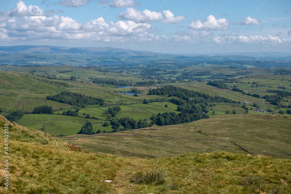 Fototapeta premium Characteristic Lake District landscape with rolling hills and fields as seen from Wansfell Pike, England