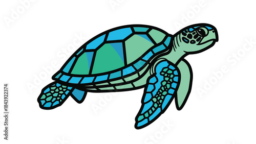 Illustration of a sea turtle with blue and green stained glass style markings on a white background.