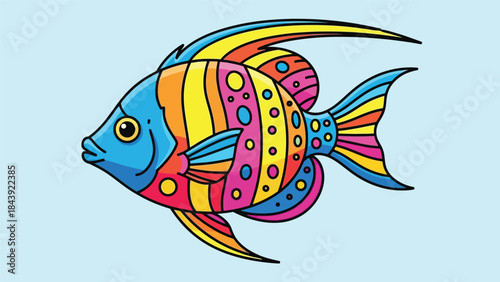 Colorful illustration of a fish with vibrant stripes and dots on a light blue background.