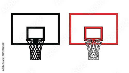 Two basketball hoops with nets and backboards in black and red