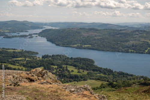 Amazing panorama of Lake Windermere as seen from Wansfell Pike, Lake District, England