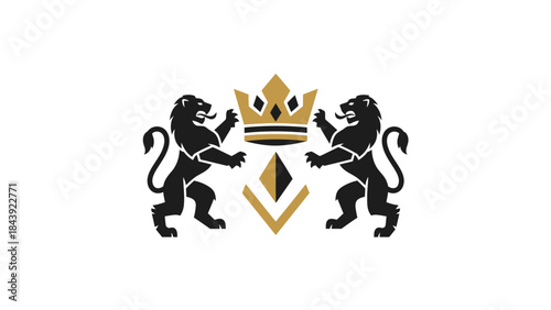 Heraldic emblem featuring two black lions facing each other with a crown and shield on a white background.