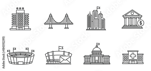 Black and white line drawings of various city buildings and landmarks